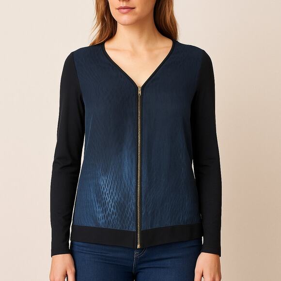 Elie Tahari Silk Front Zip Blouse Women’s Medium Blue Modal Sleeves - Picture 6 of 6